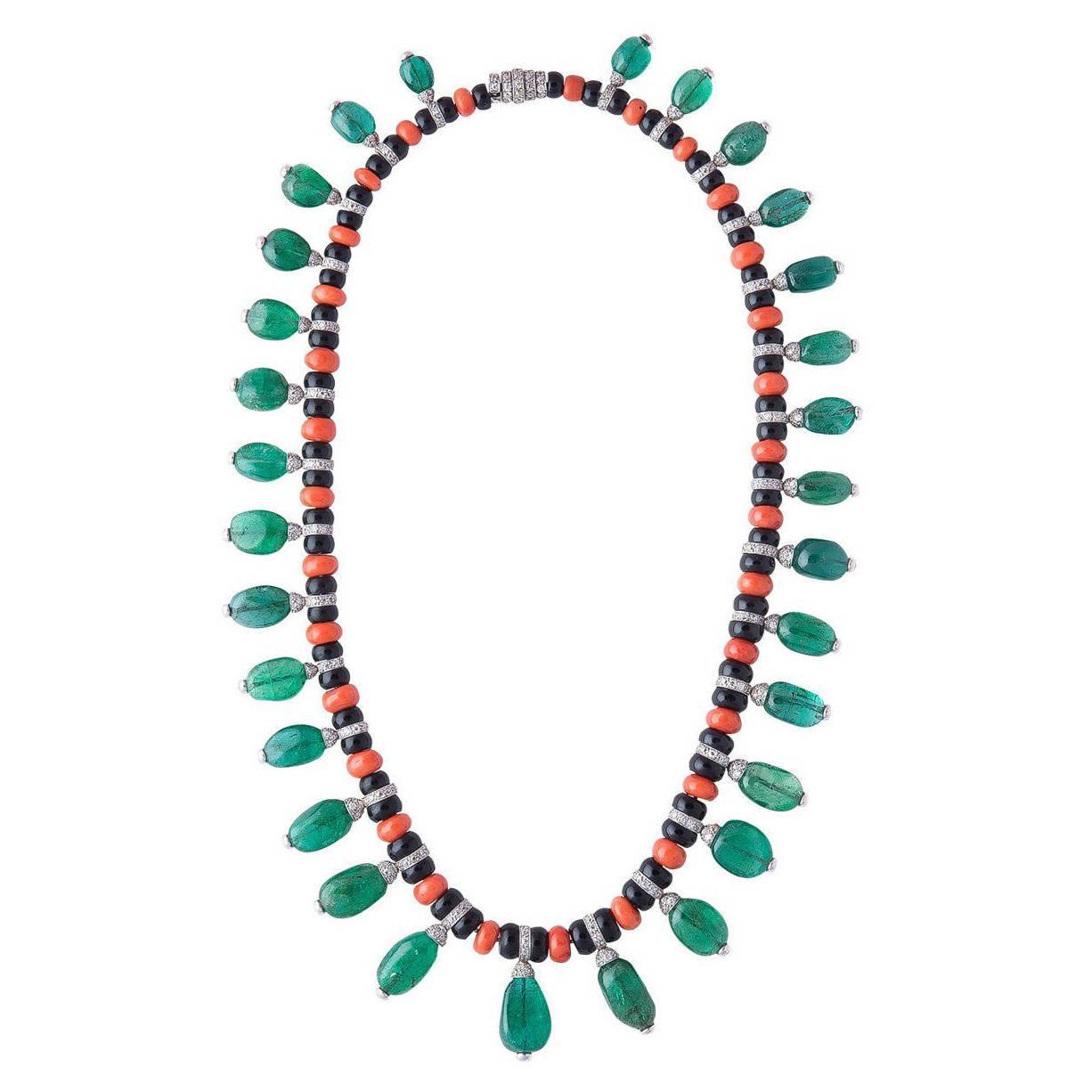 Emerald Coral Onyx Diamond Necklace
