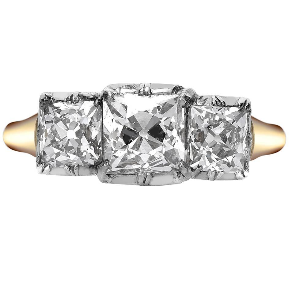Yellow Gold Old Cushion Cut Diamond Three-Stone Ring For Sale