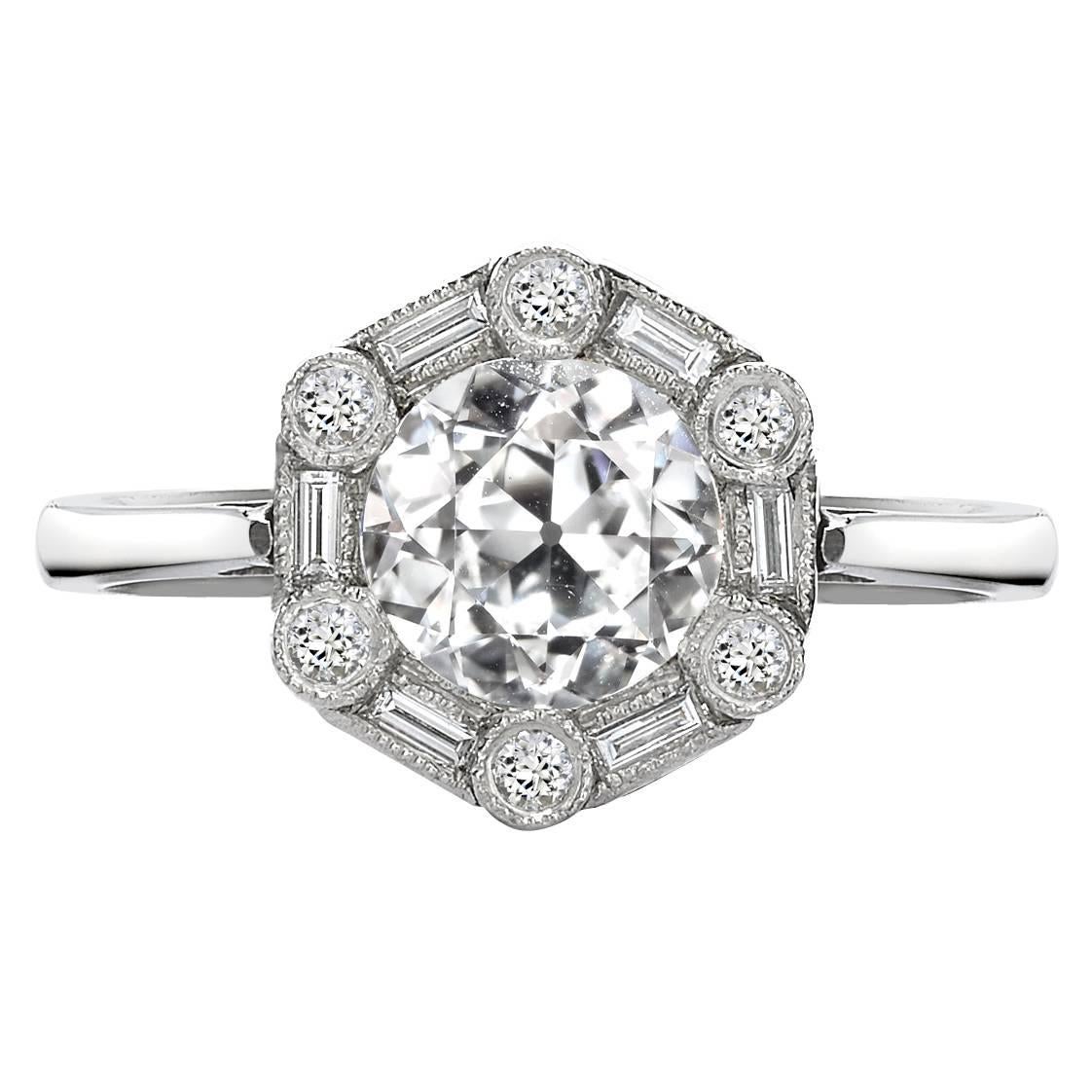 Brilliant Cut Diamond Ring with Baguette and Brilliant Cut Diamond Surround For Sale
