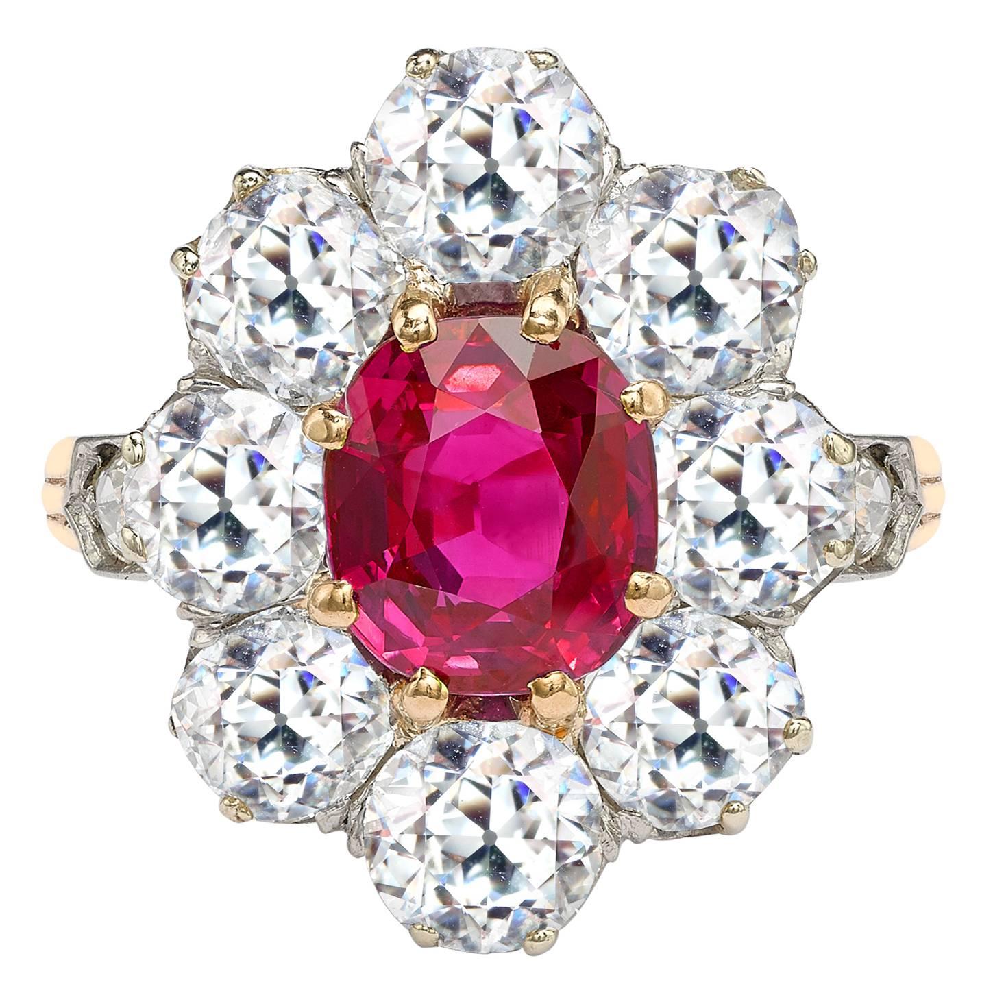 Victorian Oval Unheated Burmese Ruby Diamond Gold Ring with Diamond Surround For Sale