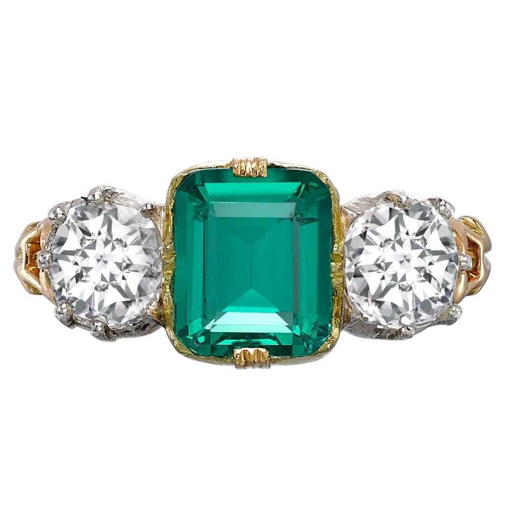 1890s Natural Colombian Emerald Diamond Gold Ring For Sale