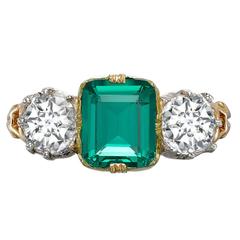 Vintage 1890s Natural Colombian Emerald Diamond Gold Ring