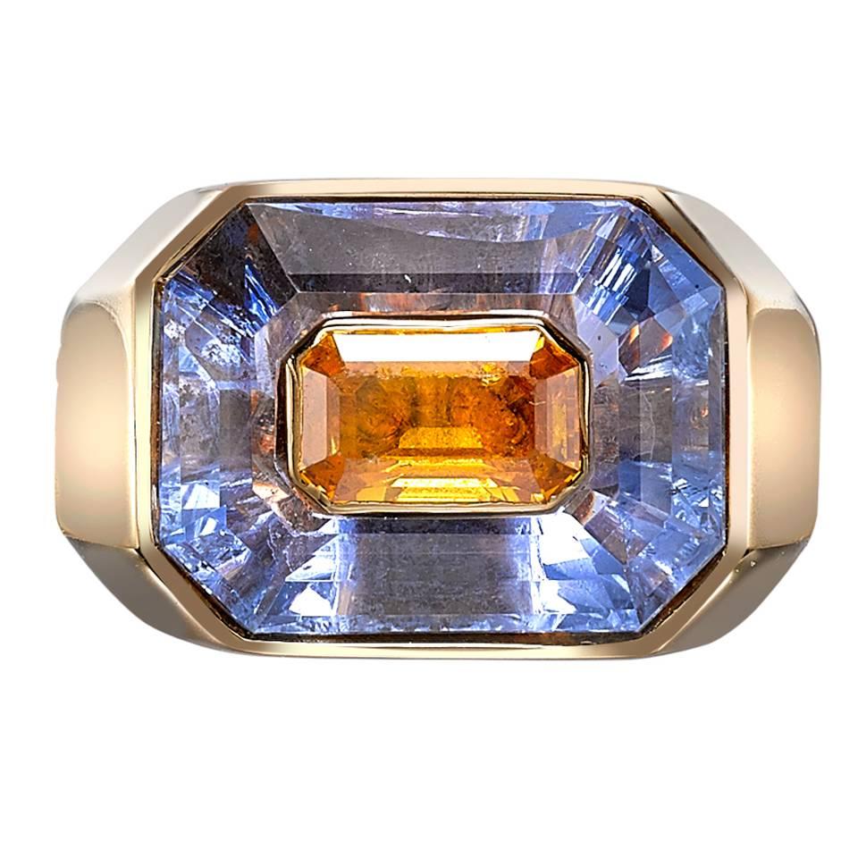 1970s French Yellow and Blue Sapphire Gold Ring For Sale