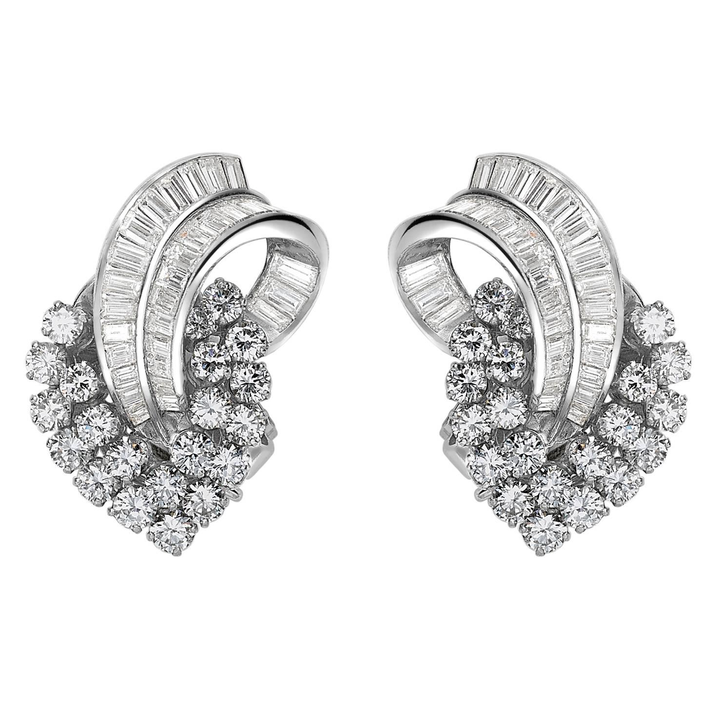 Brilliant and Baguette Cut Diamond Platinum Spray Earrings For Sale