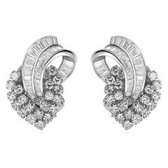 Brilliant and Baguette Cut Diamond Platinum Spray Earrings