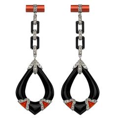 Art Deco Onyx Coral Diamond Platinum Drop Earrings 7
