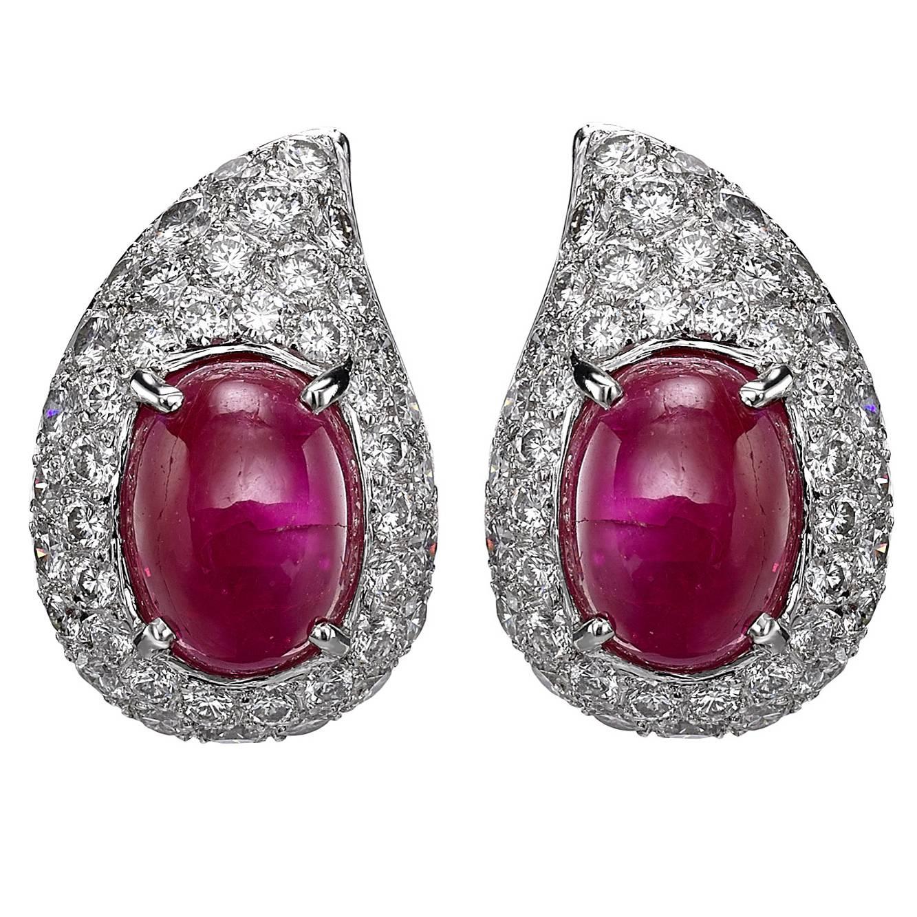 Cartier Cabochon Ruby Diamond Earrings For Sale