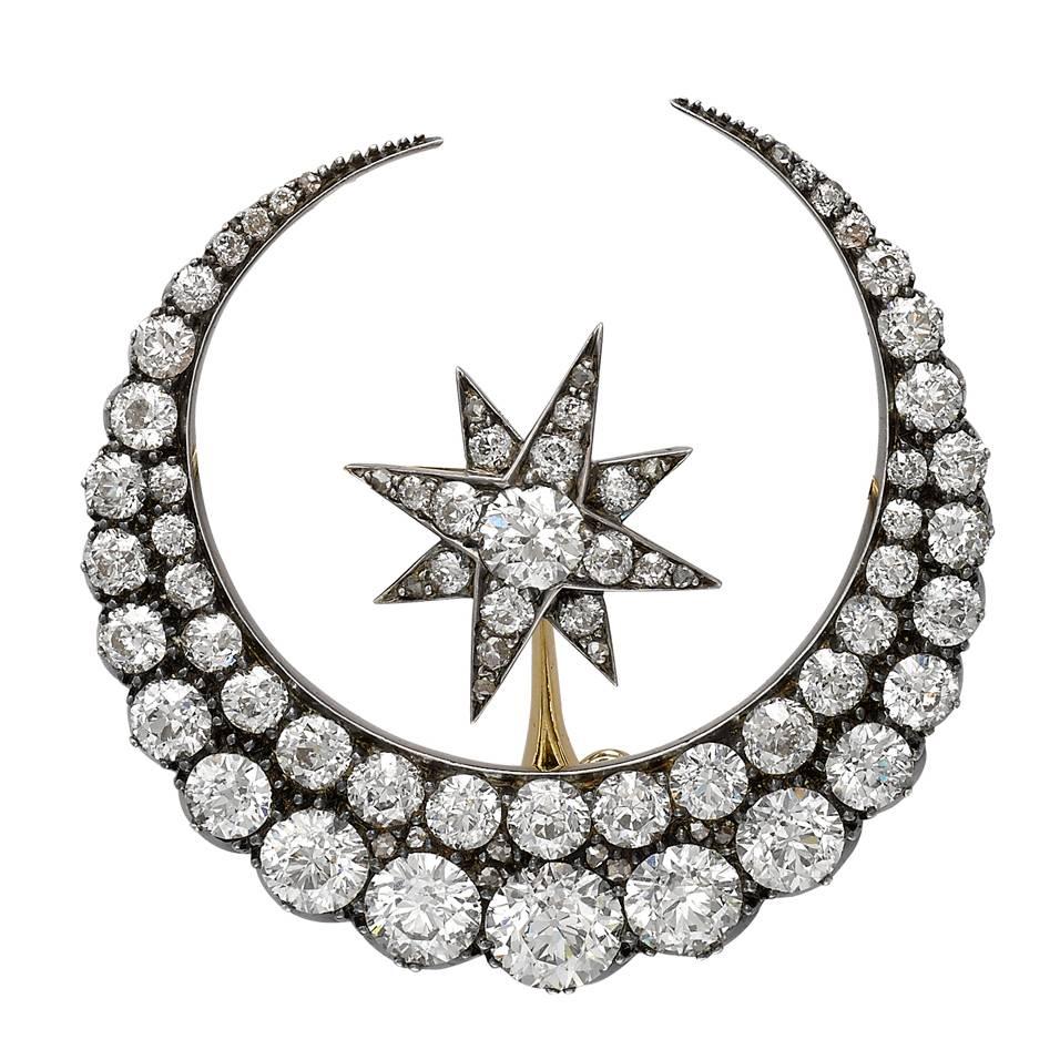 Victorian Diamond Silver Gold Crescent and Star Brooch For Sale