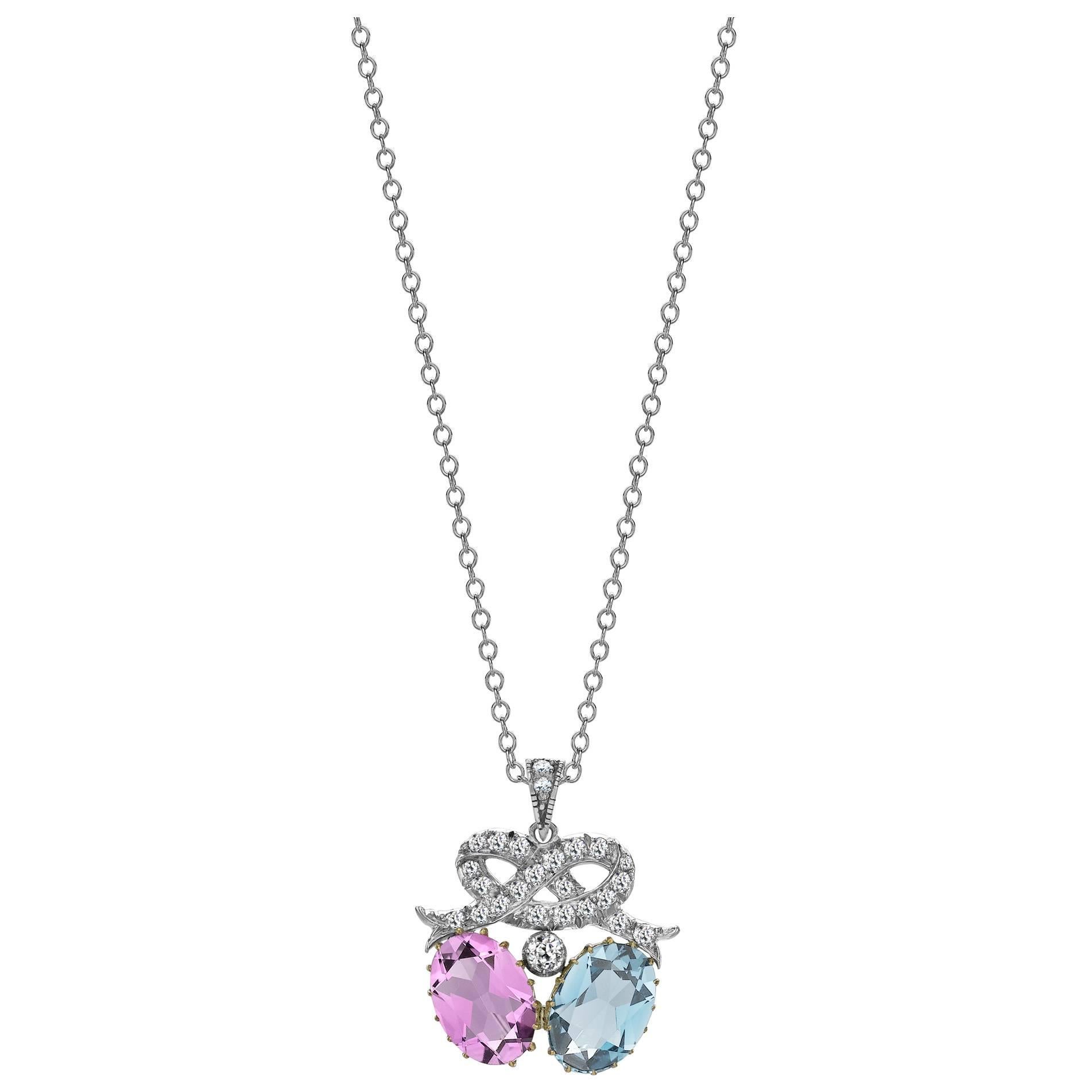 Victorian Pink Topaz Aquamarine Diamond Silver Gold Pendant  For Sale