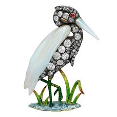 A pearl diamond and enamel heron brooch in fitted case 6