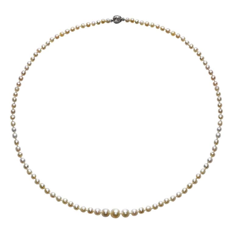 Natural Pearl Diamond Gold Platinum Necklace For Sale