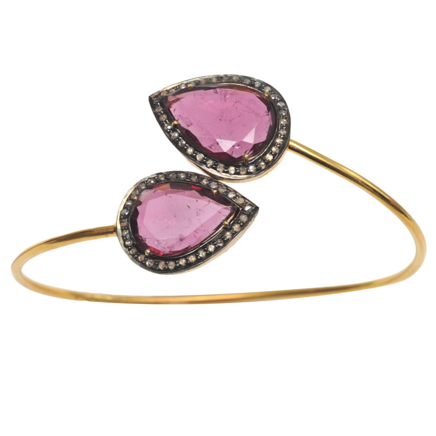 Pear-Shaped Faceted Pink Tourmaline Diamond and 18 Karat Gold Wrap Bracelet