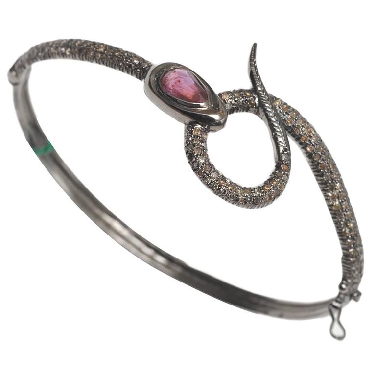 Snake Bracelet with Pave, Set Diamonds and Tourmaline in Oxidized Sterling at 1stDibs