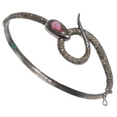 Snake Bracelet with Pave, Set Diamonds and Tourmaline in Oxidized Sterling