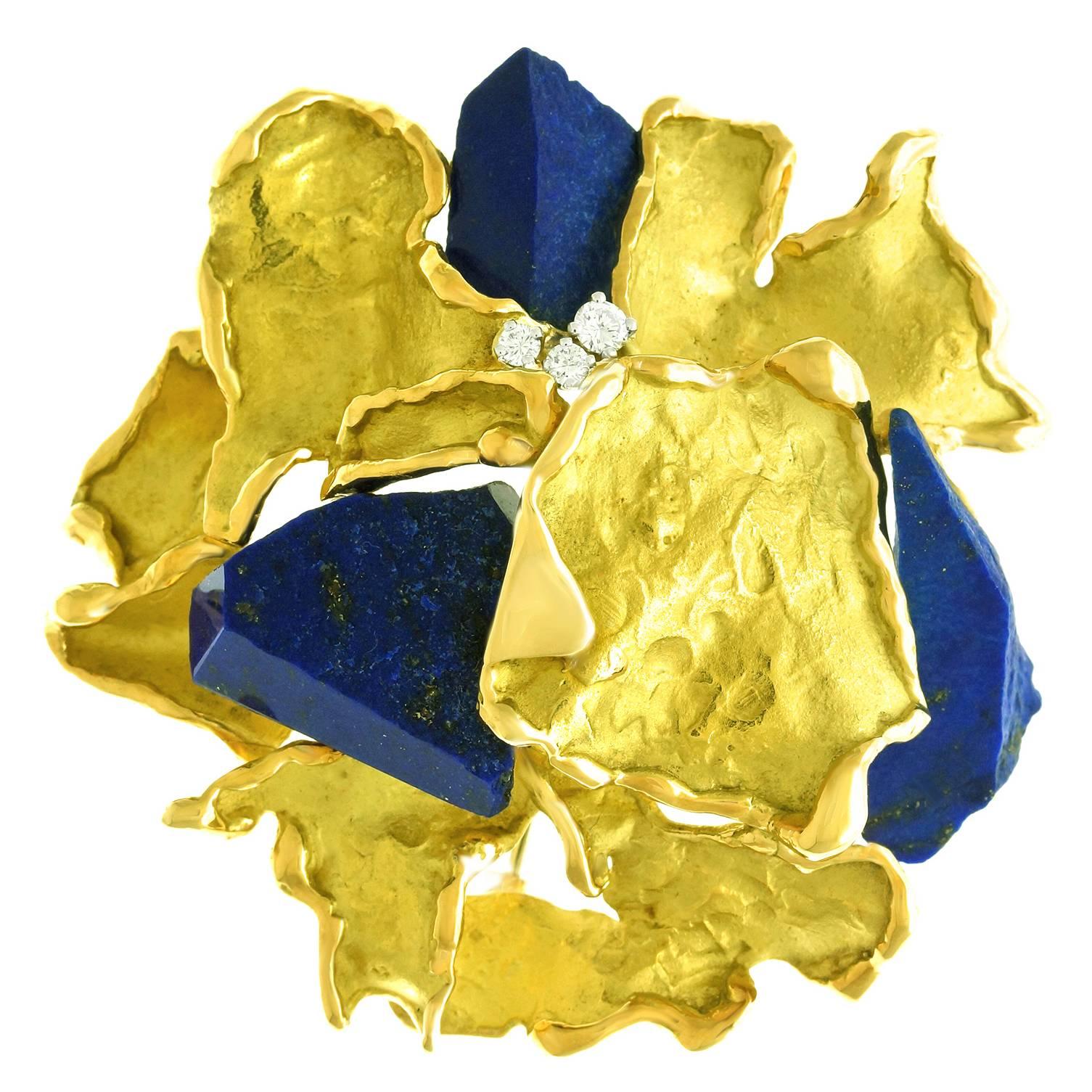Julia Plana Brutalist Lapis Lazuli Diamond Gold Pendant Brooch