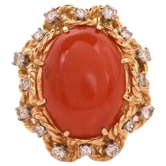 1960s Coral Diamond Gold Rope Ring