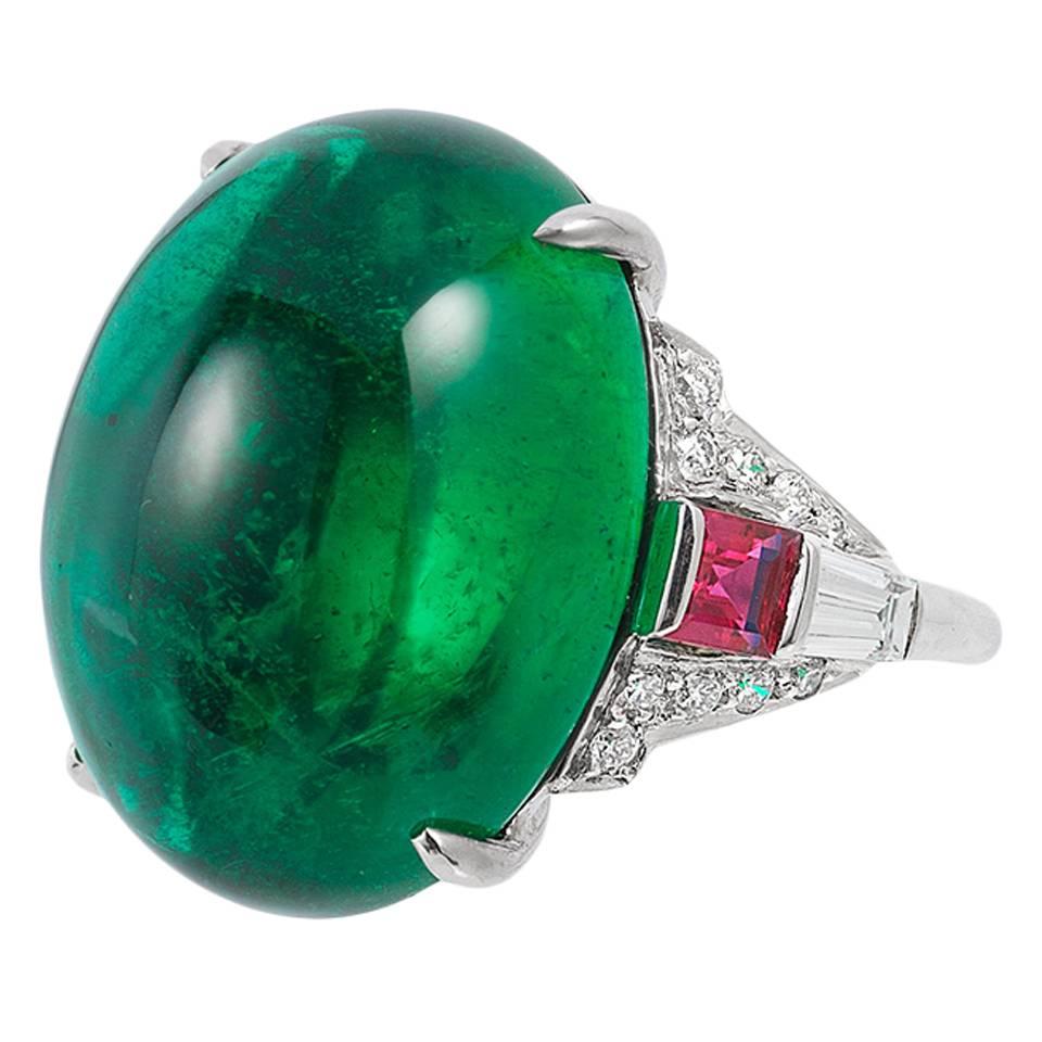  25.83 Carat Emerald Ruby Diamond Platinum Ring For Sale