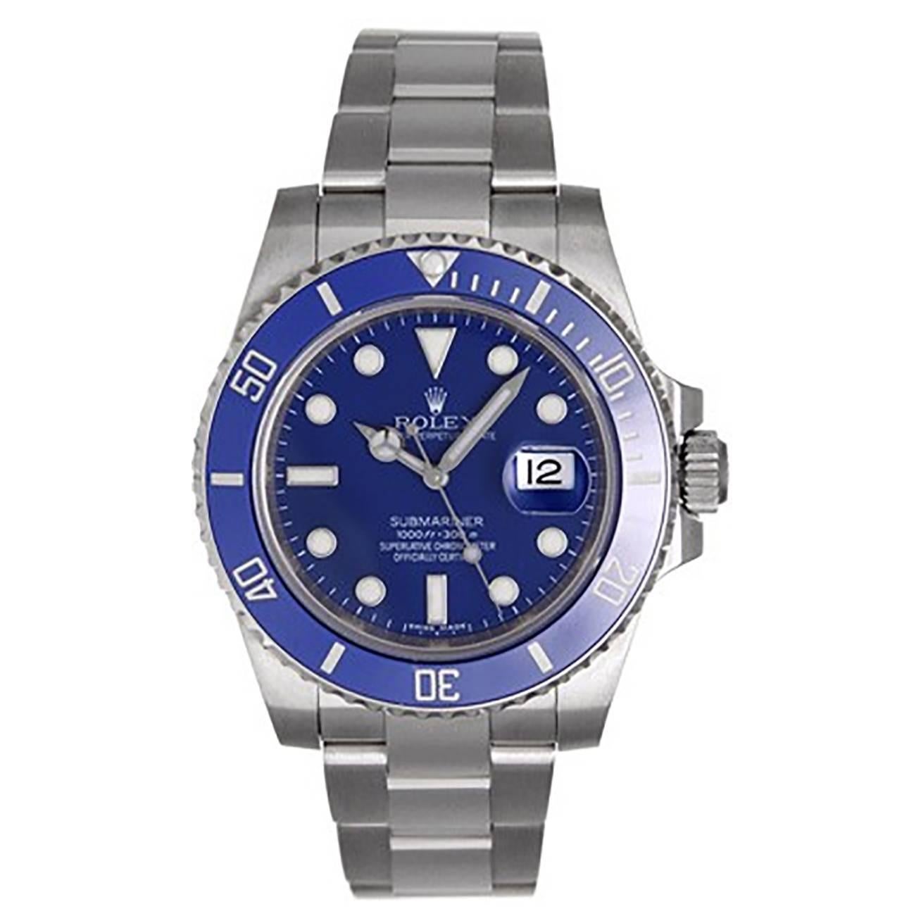 Rolex White Gold Blue Dial Submariner Automatic Wristwatch 