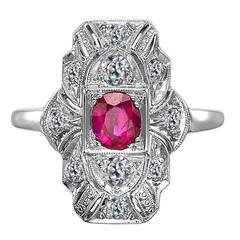 Art Deco Ruby Emerald Diamond Gold Panel Ring