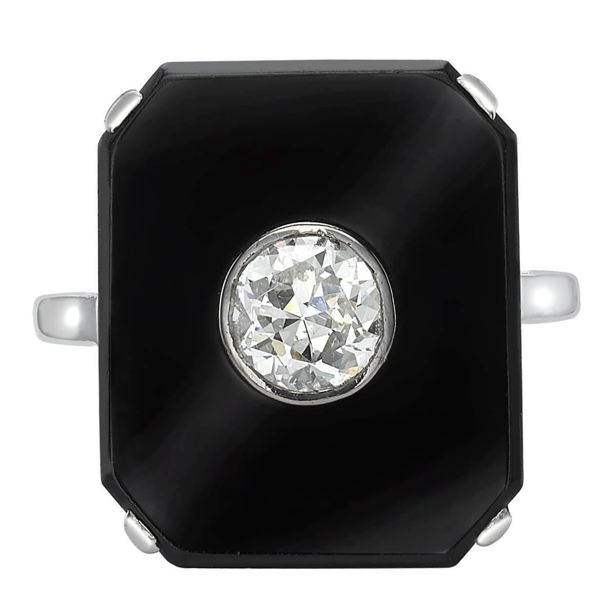 Art Deco Brilliant Cut Diamond  Onyx Tablet Ring For Sale