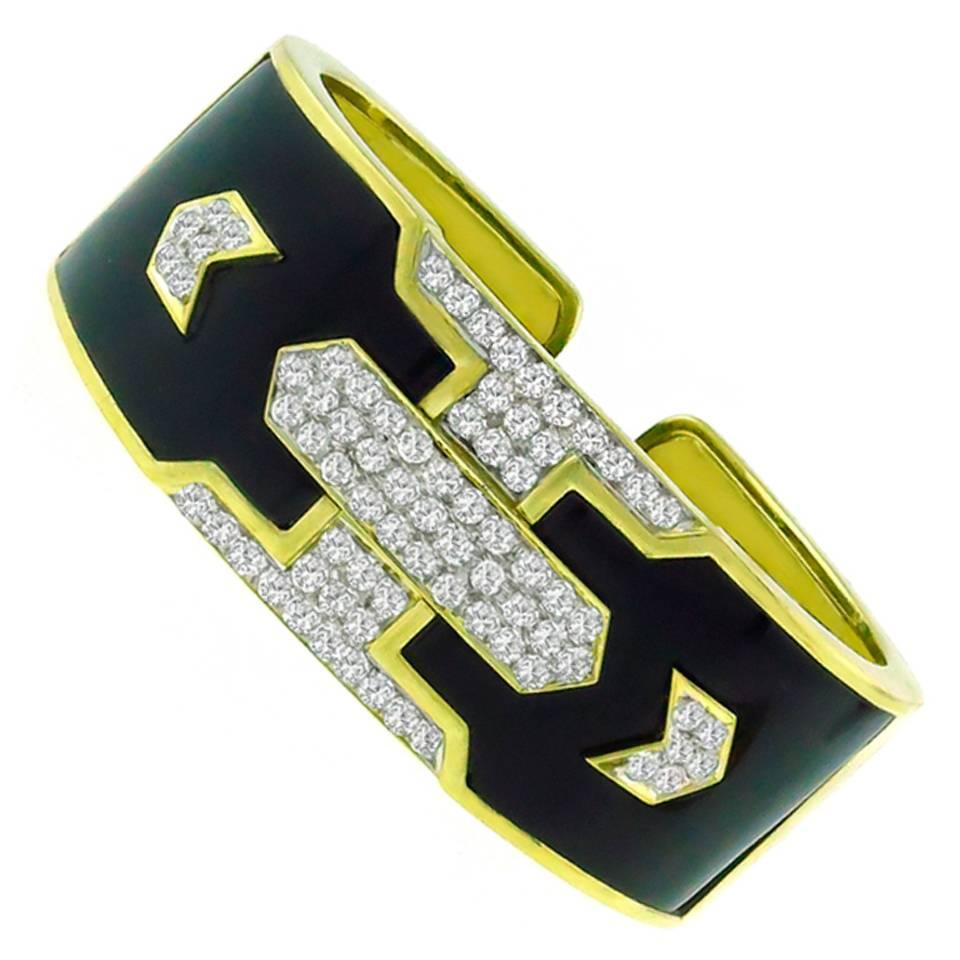1980s Onyx Diamond Gold Cuff Bangle Bracelet