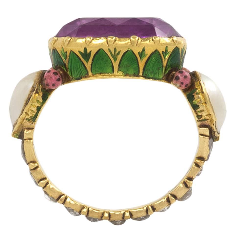 Antique Indian Enamel Pearl Tourmaline Diamond Gold Ring 