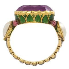 Bague indienne ancienne en or:: émail:: perle:: tourmaline et diamant