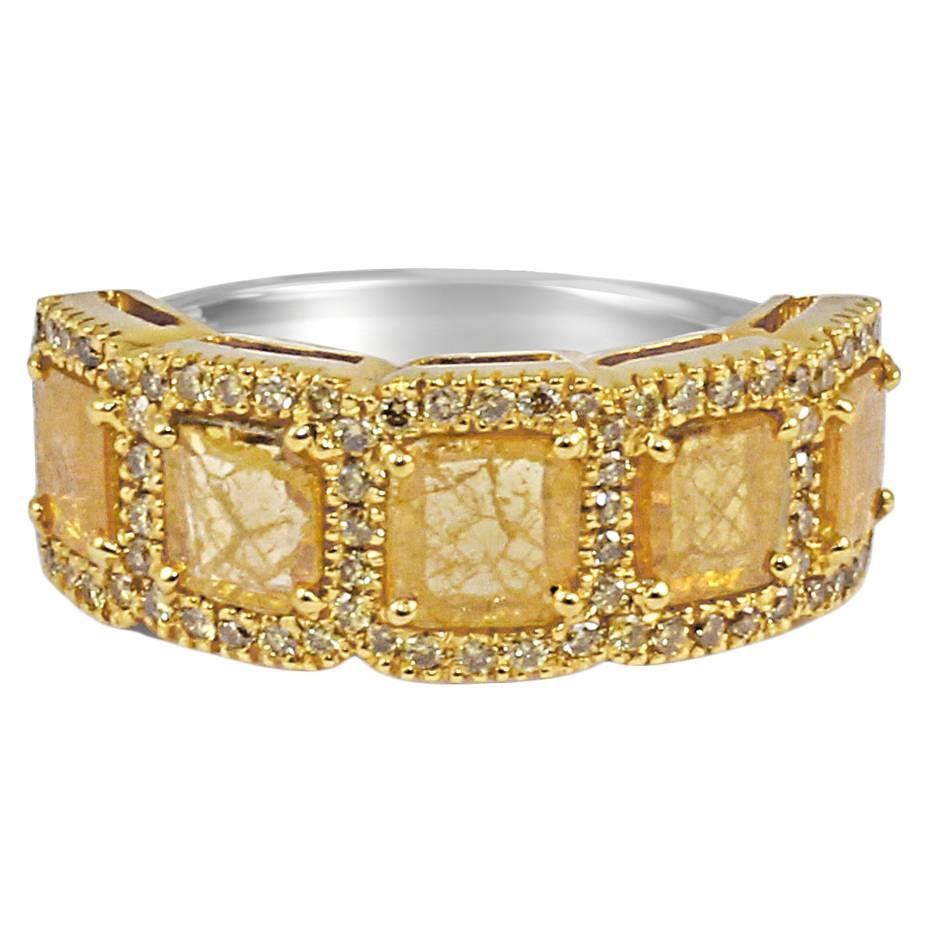Yellow Slice Diamond Gold Three Stone Ring For Sale