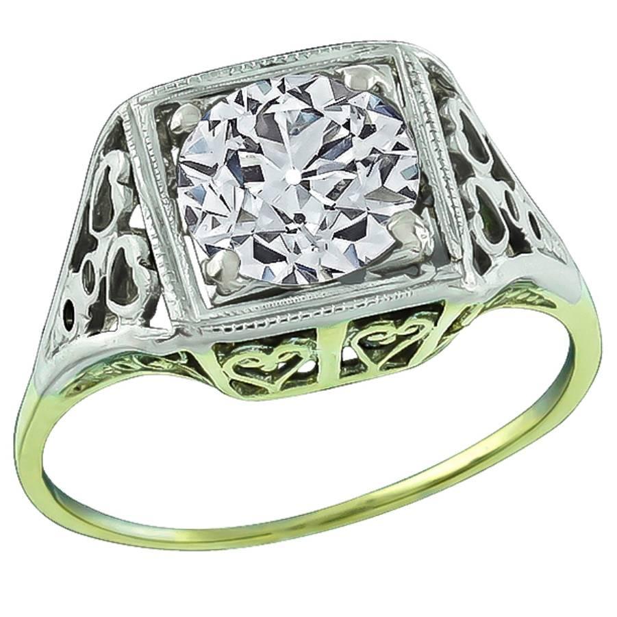 Bague de fiançailles en or bicolore avec diamant européen ancien de 1,14 carat certifié par le GIA en vente
