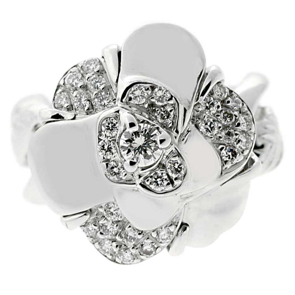 Chanel Rings White Rings CHANEL Camelia Diamond White Gold Flower Ring at 1stDibs