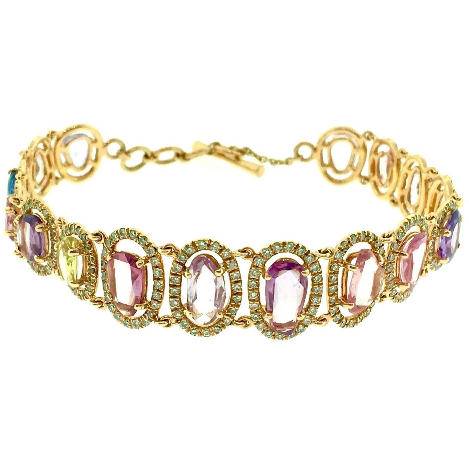 Multicolor Sapphire and Diamond Link Bracelet in 18k Gold