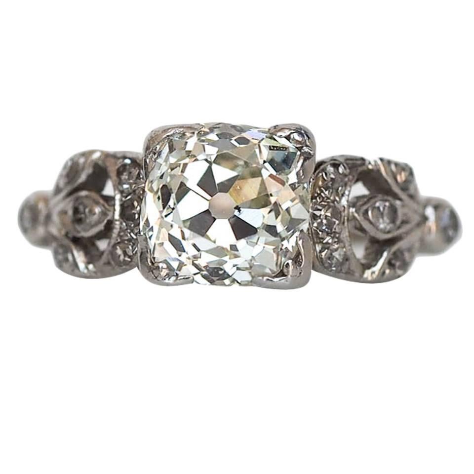 GIA Edwardian 1.60 Carat Old Miner Cushion Diamond Platinum Engagement Ring