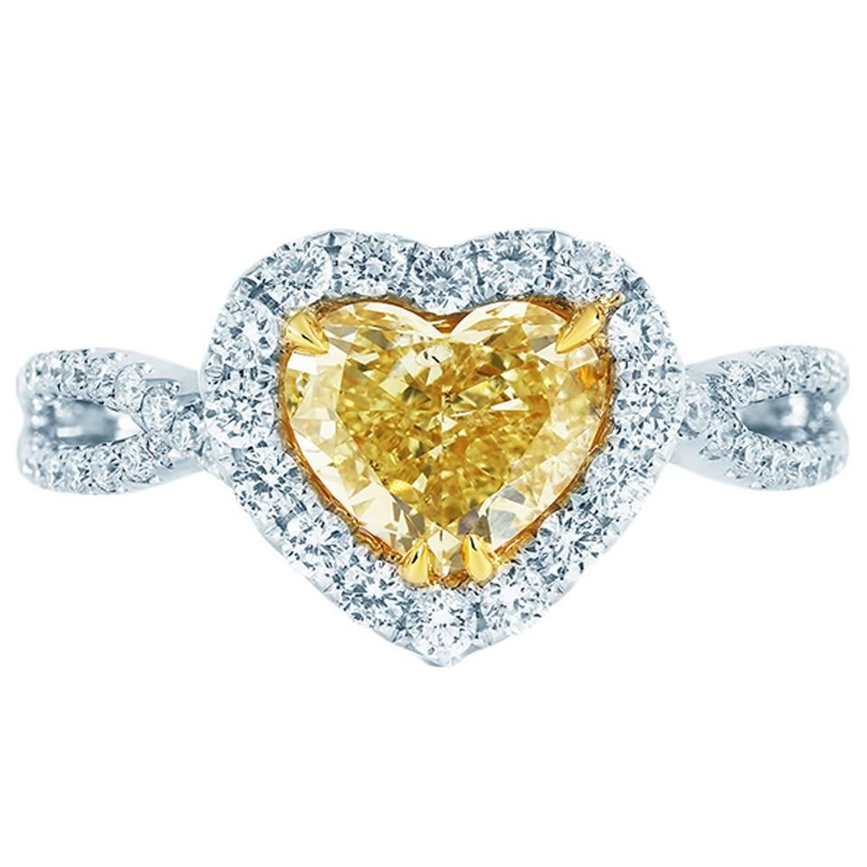1.27 Carat GIA Cert Heart Shape Fancy Yellow Diamond Pave Engagement Ring For Sale