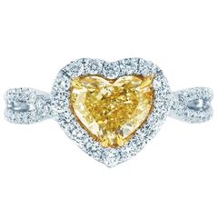 1.27 Carat GIA Cert Heart Shape Fancy Yellow Diamond Pave Engagement Ring