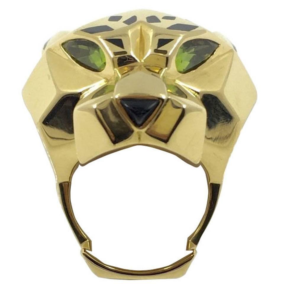Cartier Lacquer Onyx Peridot Gold Large Panthere Ring For Sale