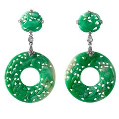 Carved Jadeite Diamond Platinum Drop Earrings 8