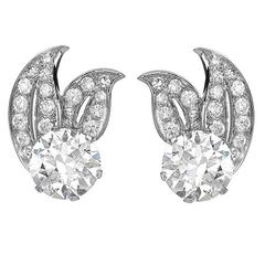 Antique Brilliant Cut Diamond Platinum Leaf Pattern Earrings