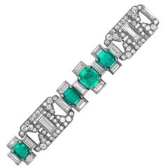 Art Deco Colombian Emerald Diamond Gold Bracelet 10