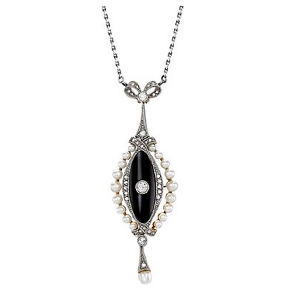 Onyx  pearl and diamond drop pendant For Sale