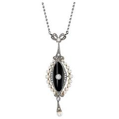 Onyx  pearl and diamond drop pendant