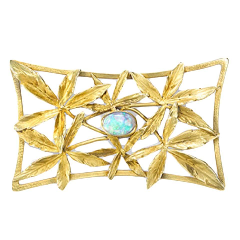 Art Nouveau opal brooch with marijuana leaves For Sale