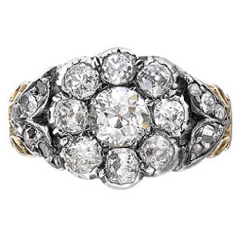 Victorian Old Cut Diamond Silver Gold Cluster Ring For Sale