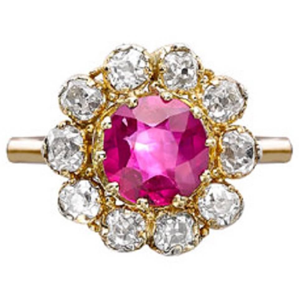 Unheated Burmese Ruby Old Cut Diamond Surround Gold Ring For Sale