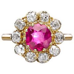 Unheated Burmese Ruby Old Cut Diamond Surround Gold Ring