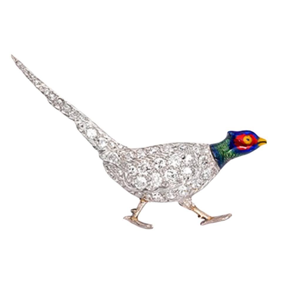 Charming Victorian Enameled Diamond Gold Pheasant Brooch For Sale