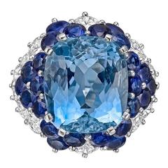 Aquamarine Sapphire Diamond Platinum Flower Petal Motif Ring