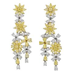 Yellow and White Diamond Gold Flower Cluster Drop Earrings