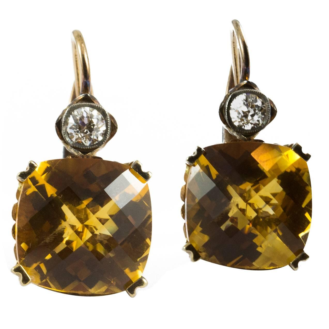 Cushion Cut Citrine Diamond Gold Drop Earrings (possibly Russian) For Sale
