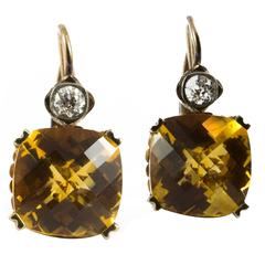 Cushion Cut Citrine Diamond Gold Drop Earrings (possibly Russian)