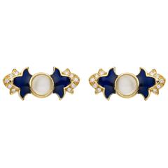 Sabine Getty Blue Enamel Moonstone Diamond Gold Foglia Blu Earrings 